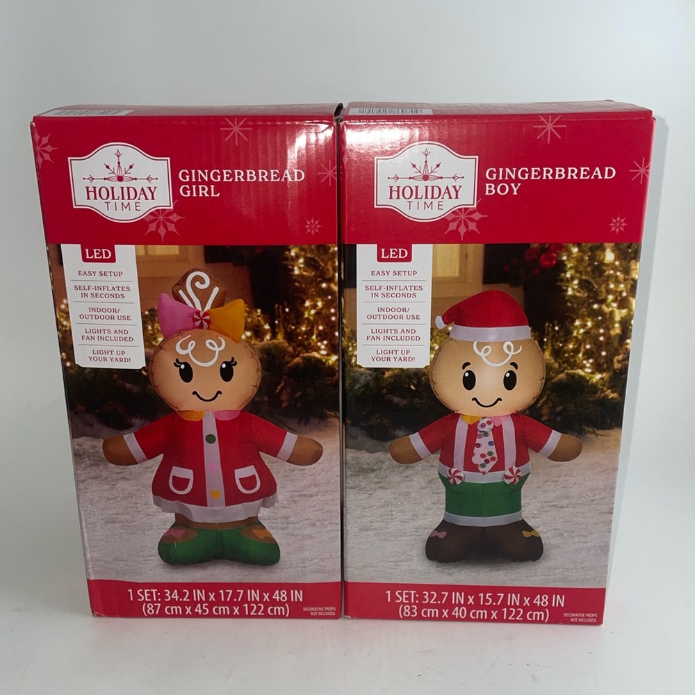 Holiday Time LED Gingerbread 4ft Girl and Boy Inflatables new